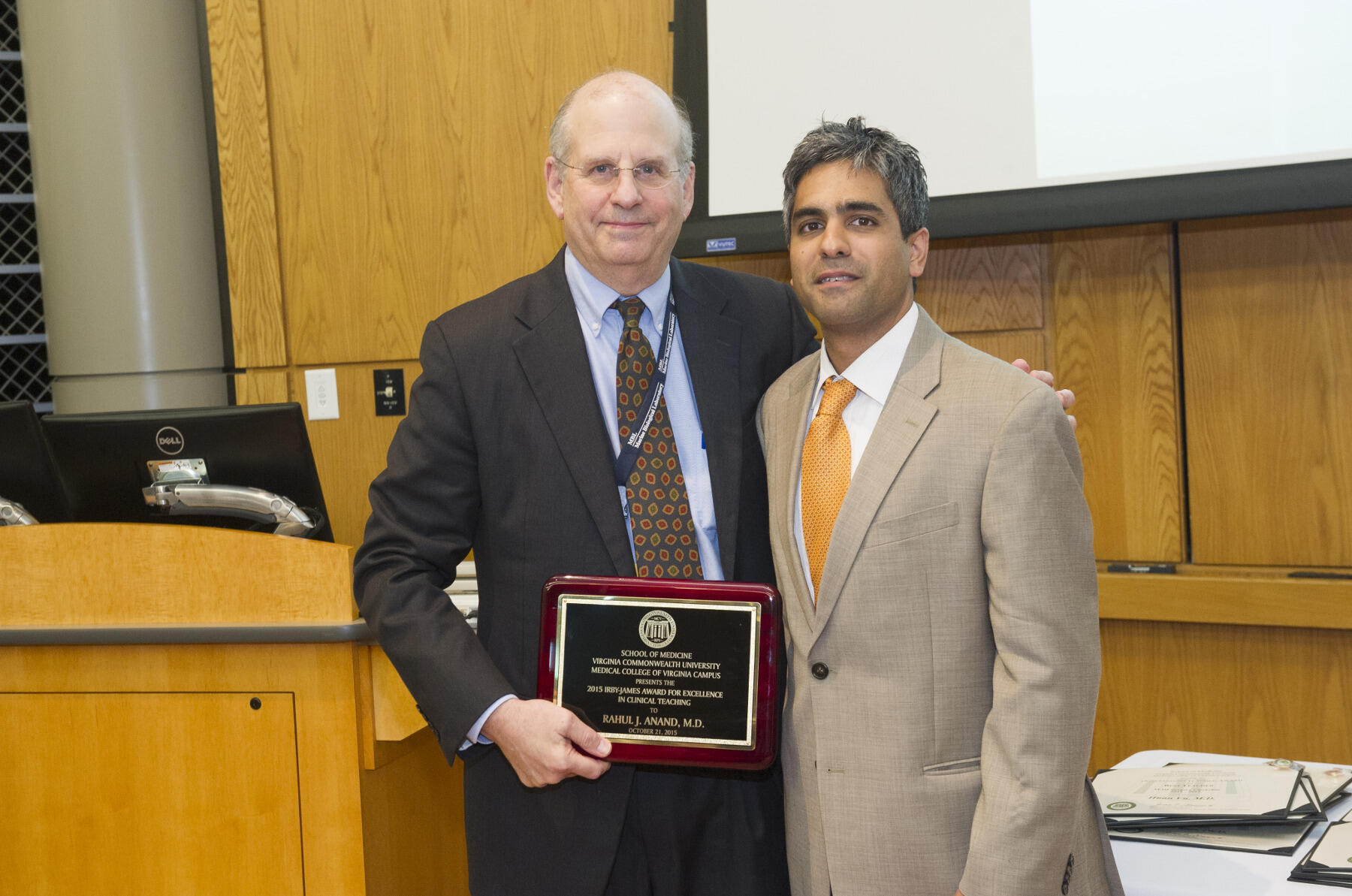 Rahul J. Anand (right), M.D., assistant professor of surgery in the Department of Surgery and program director for the surgery clerkship at the VCU School of Medicine, was one of two recipients to win the Irby-James Award for Excellence in Clinical Teaching. Jerome Strauss (left), M.D., Ph.D., dean of the VCU School of Medicine, presented the award.