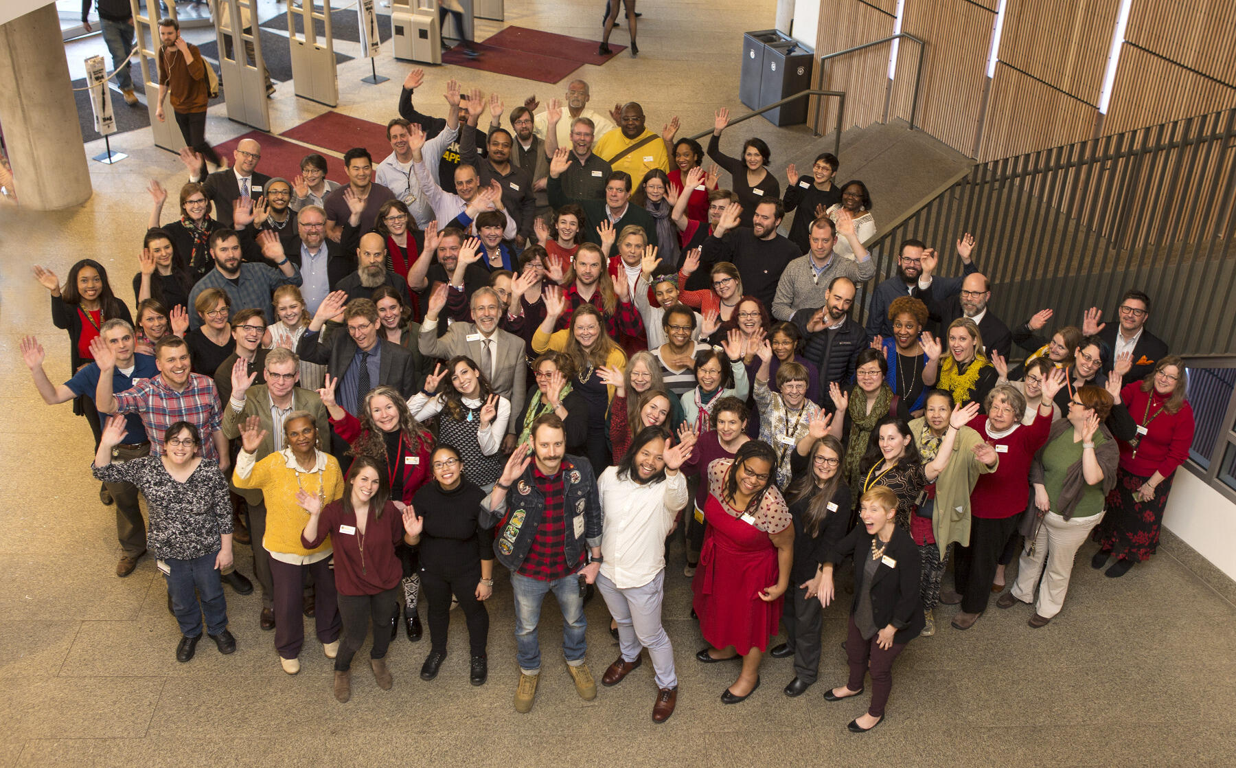 Staff from VCU Libraries pose for a photo in the lobby at James Branch Cabell Library. <br>Photo by Jay Paul