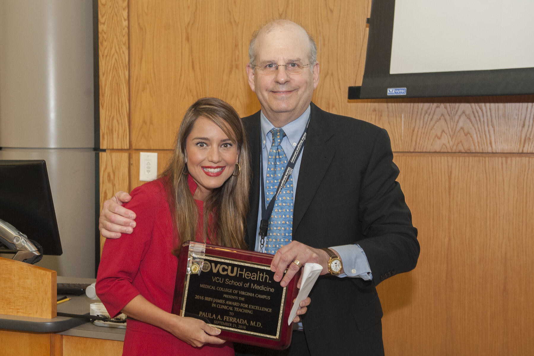 Paula A. Ferrada (left), M.D., associate professor in the Department of Surgery, was one of this year’s recipients of the Irby-James Award for Excellence in Clinical Teaching, which recognizes superior teaching in clinical medicine. Jerome Strauss (right), M.D., Ph.D., dean of VCU School of Medicine, presented the award.