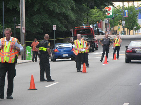 Officers John Pelosky, Duane Thorp, Gregory Paisley, Tricia Bartoo, Corporal John Siok and Officer Michael Schneider of the VCU Police Department line up along West Main Street to conduct a four-hour checkpoint as part of the national “Click It or Ticket” campaign. The May 23 checkpoint allowed officers to look for seatbelt usage and traffic violations. Police checked 465 vehicles. Photo provided by Officer Michael Roser, VCU Police Department.