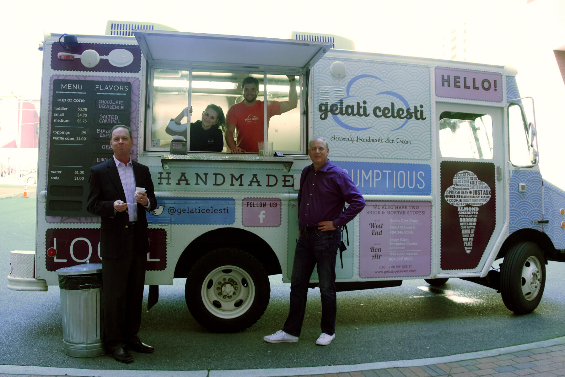 Wayne Slough, a faculty member in the School of Business, enjoys a treat with Gelati Celesti owner Steve Rosser. Photos by Gigi Huang.