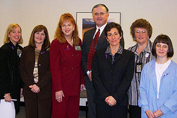 From left: Maria Curran, director of human resources for the VCU Health System; Cathy Pond, executive director of the Richmond YWCA; Susan Kornstein, a professor of psychiatry at VCU Health System; John Duval, CEO of MCV Hospitals; Diane Abato, deputy commonwealth's attorney for the city of Richmond; Janett Forte, assistant professor of psychiatry and coordinator of the VCU Institute for Women's Health; and Susan Carson, clinical nurse in the forensic nursing department at VCU Medical Center. 

Photo courtesy VCU Institute for Women's Health