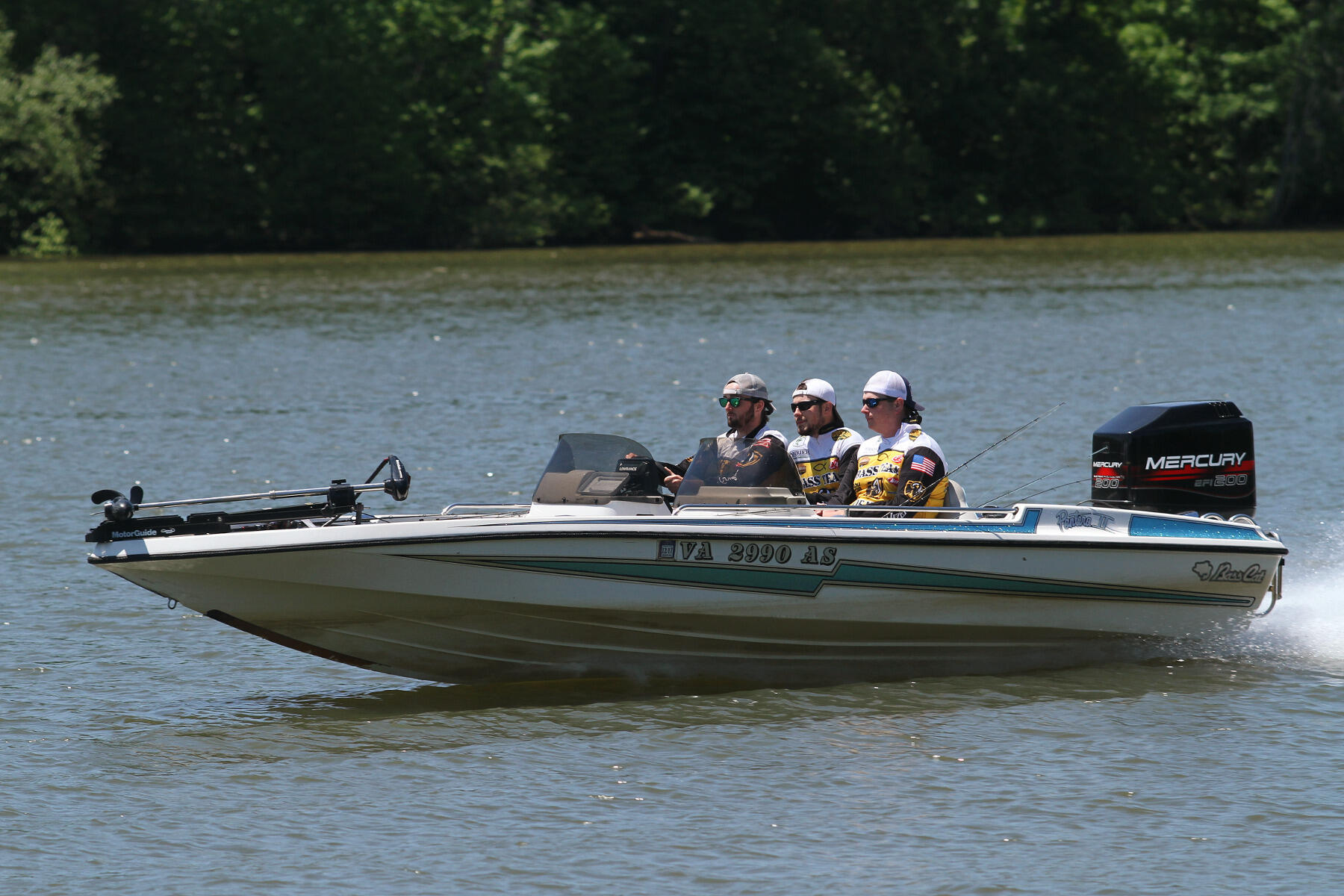 Dylan Jackson, Darrell Pease and John Teare of the VCU Bass Fishing Team scout the James River in eastern Henrico County ahead of this week's tournament.