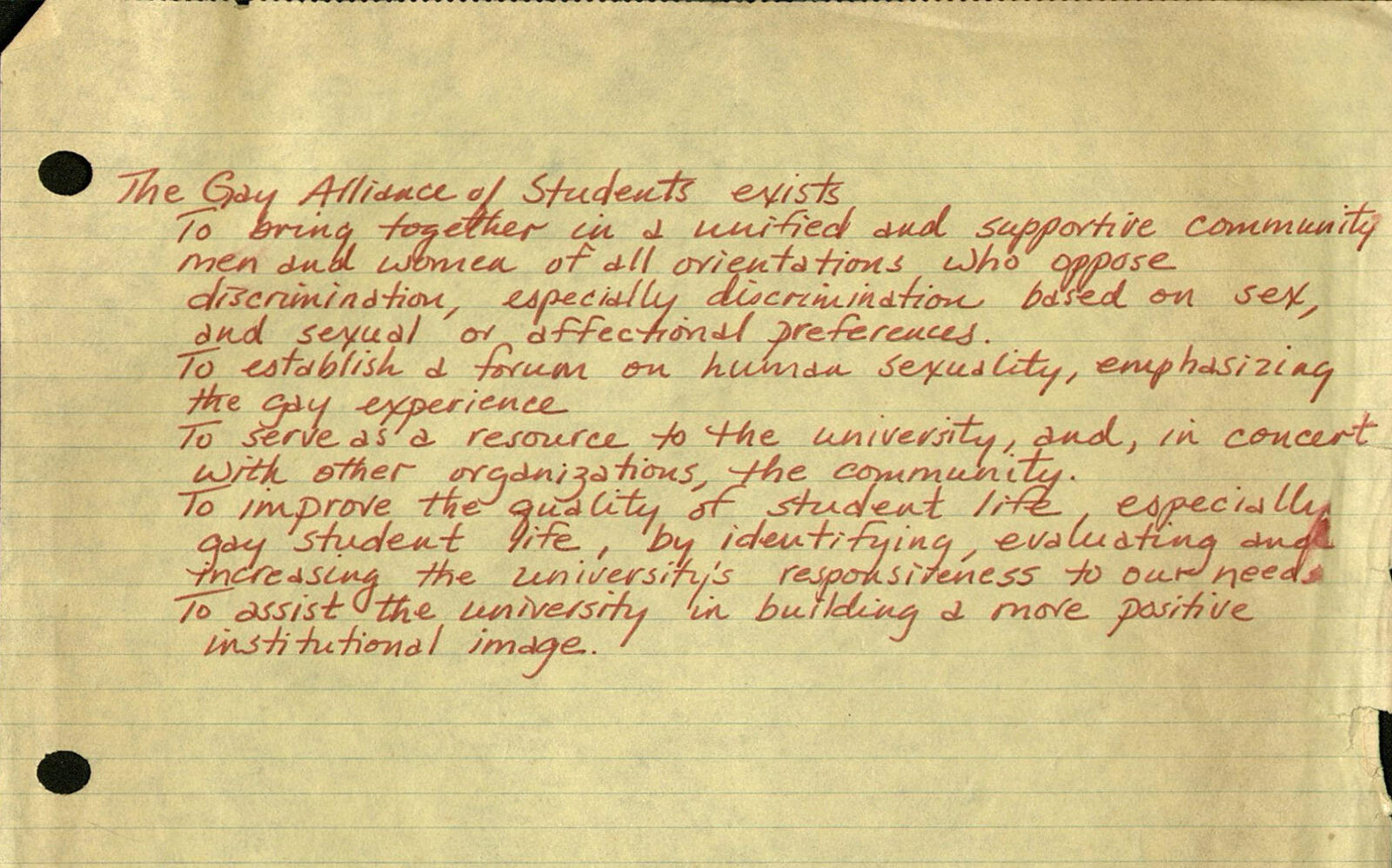 The Gay Alliance of Students’ draft statement of purpose.
<br>Source: The VCU Gay Alliance of Students Collection, 1974-1976, a collection in Special Collections and Archives, James Branch Cabell Library
