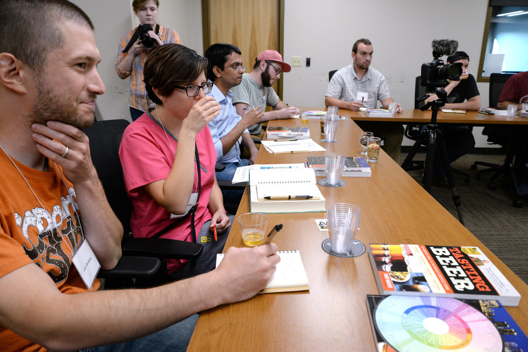 Josh Stolberg and Candi Alvarado taste Stone beer and record their impressions as part of the introductory class.
