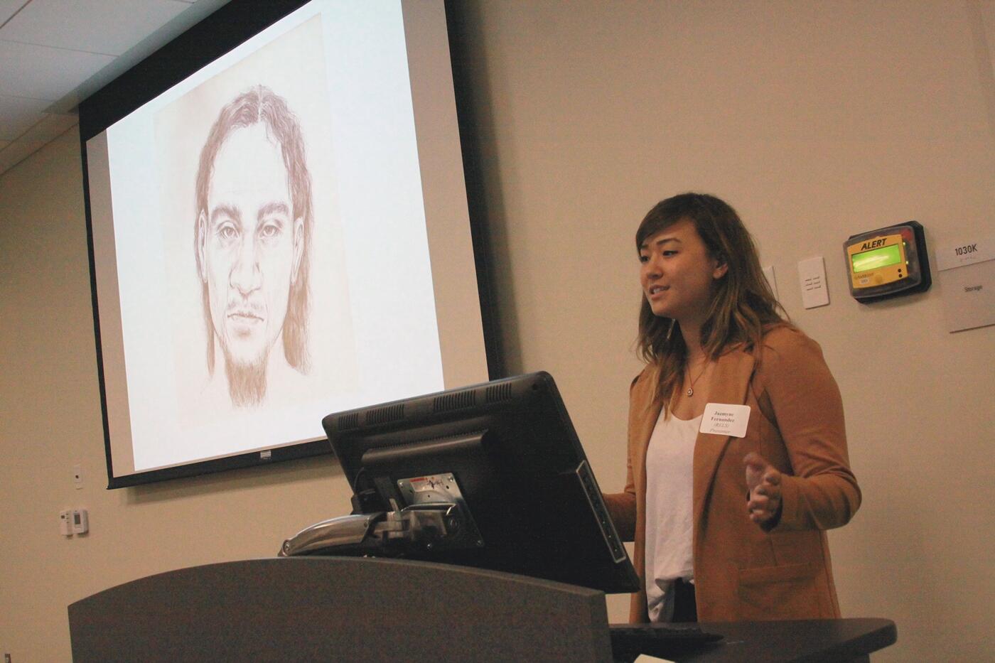 Jazmyne Fernandez, a senior religious studies major, talked about her research project, “Carytown Jesus,” during the School of World Studies Senior Research Symposium and Poster Exhibition. The composite sketch of Jesus is based on a survey of people in Carytown who were asked what Jesus looked like.