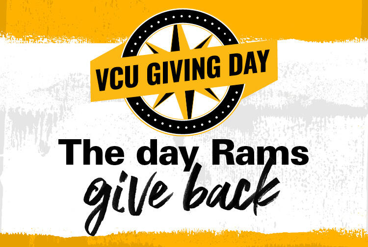 An illustration of a compas with a banner over it that says \"VCU GIVING DAY.\" underneath is black text that reads \"The day Rams give back.\" 