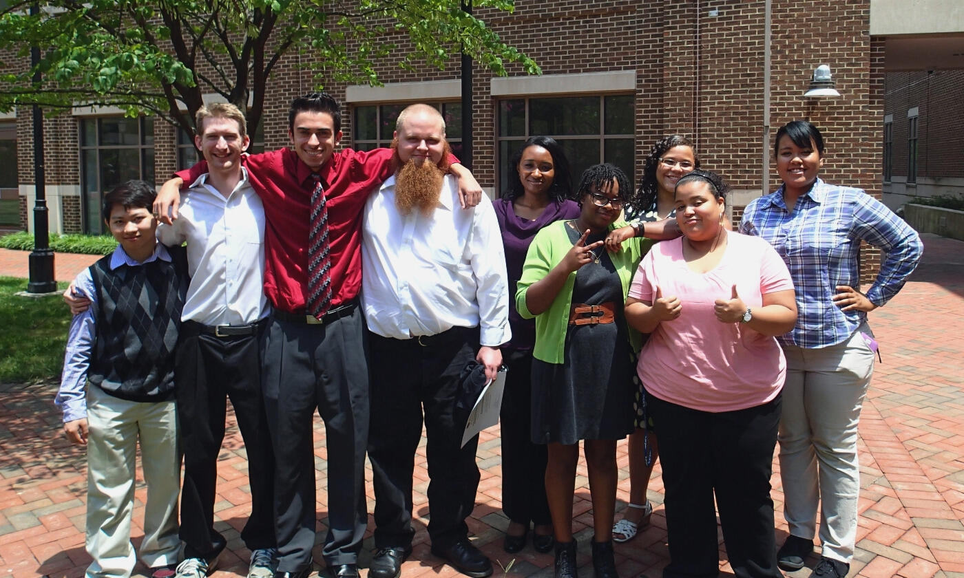 Students taking part in the VCU Bridges to the Baccalaureate Dream-to-Goal Biomedical and Behavioral Summer Research Program: (From left to right) Nguyen Tran, John Tyler Community College; Eric Buchanan, Rappahannock Community College; Erick Sola', Thomas Nelson Community College; Courtney Yowell, John Tyler Community College; Dorthea Adkins, Thomas Nelson Community College; Jasmine Hardy, Thomas Nelson Community College; Alexis Lasstier, Rappahannock Community College; Cynthia Rodriguez, Germanna Community College; and Grace Jackson, John Tyler Community College.