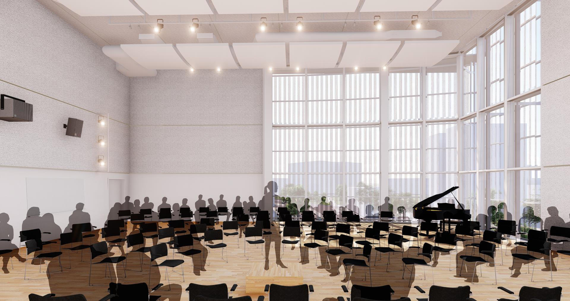A 3D rendering of a reception hall filled with chairs and black opaque human figures occupying the room. 