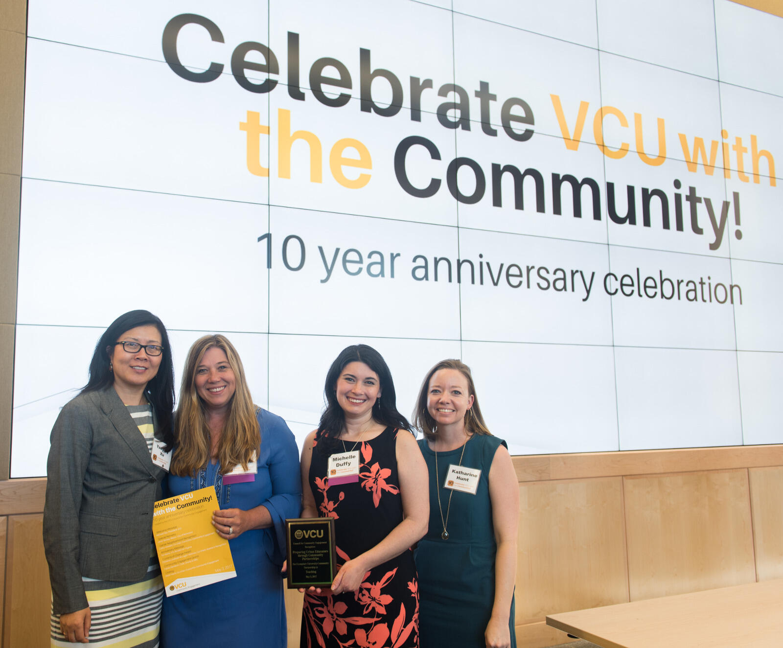 (From left to right) Yaoying Xu, Ph.D., professor of counseling and special education; Christina Bartholomew, Ph.D., assistant professor of counseling and special education; and Michelle Duffy, Ph.D., assistant professor of teaching and learning, with the VCU School of Education, and Katharine Hunt, director of operations, Youth Life Foundation of Richmond, who were honored with the Exemplary Partnership in Teaching award.