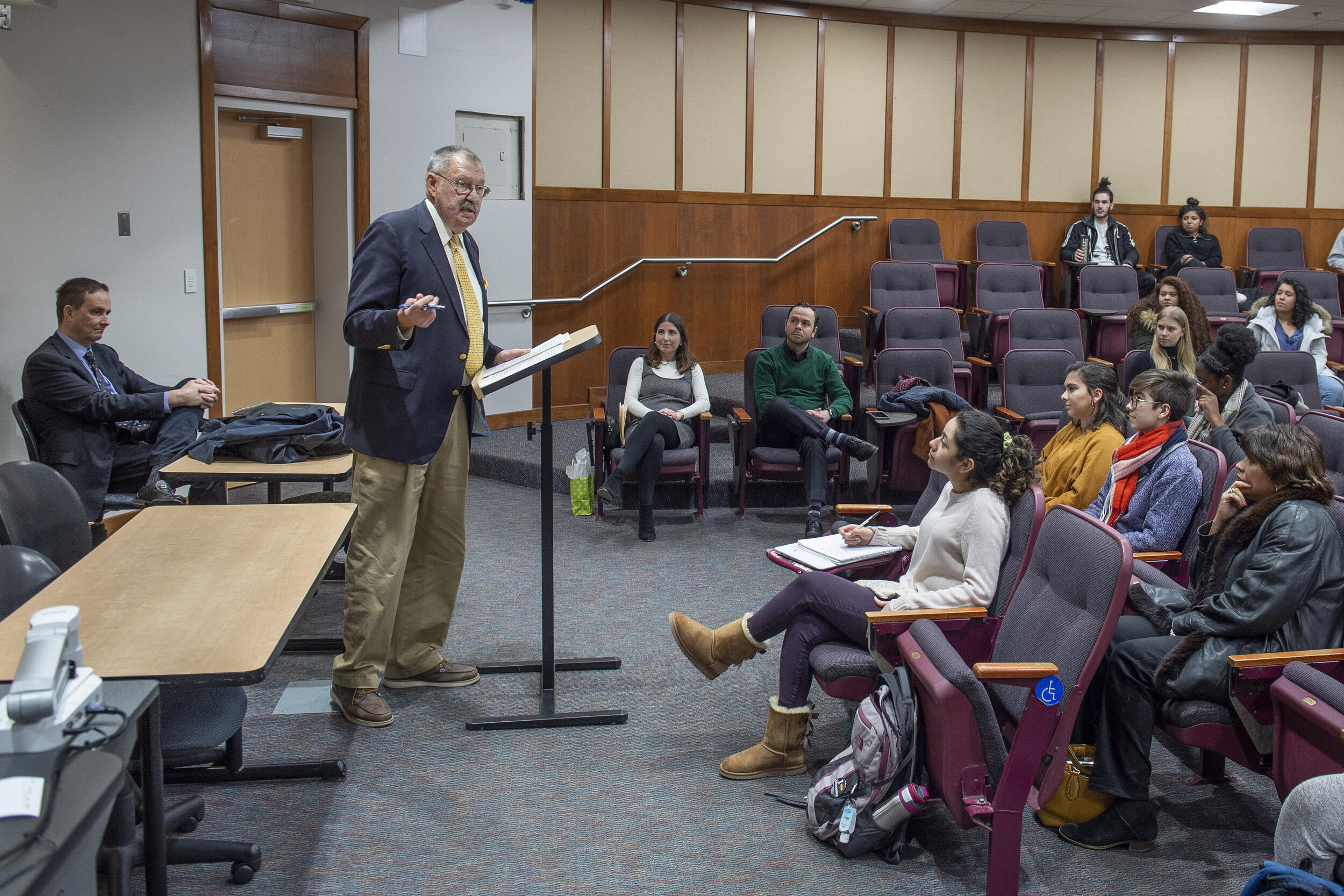 Paul Schmidt speaks to a classroom of students.