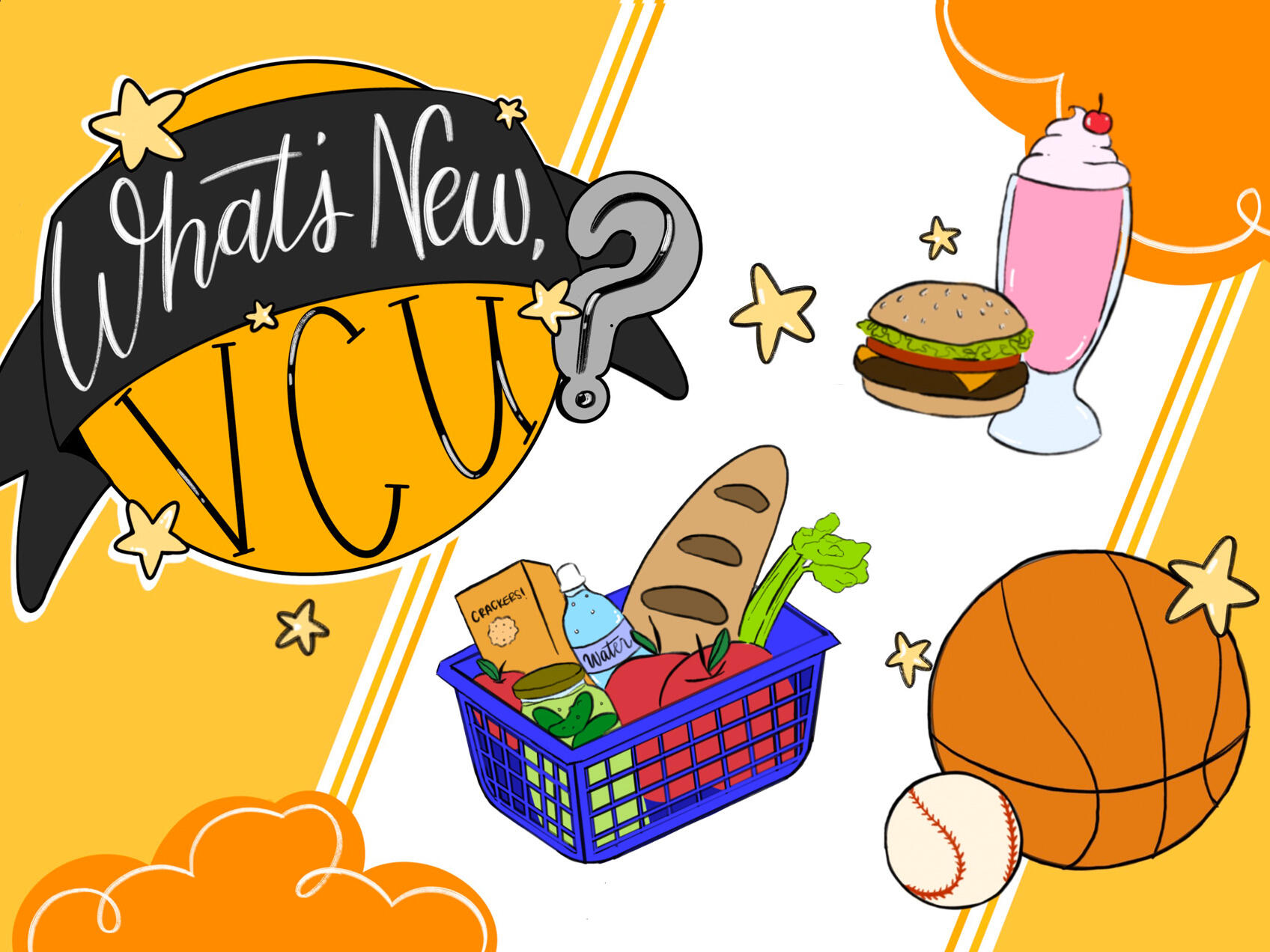 logo for VCU's annual \"what new at VCU\" story. the logo says \"what's new, VCU?\"