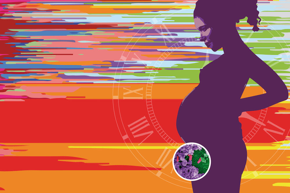 Graphic of a pregnant woman with faint roman numeral clock in the background. 