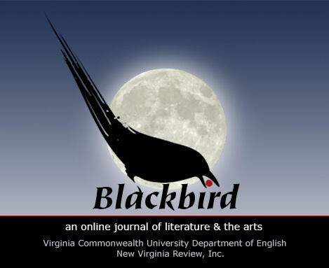 An illustration of a black bird with a full moon behind it. There is a red berry in its mouth. Under the bird is black text that reads \"Blackbird\" 