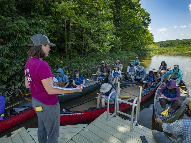 Sarah Gordon teaches about microplastics in rivers to VCU students participating in Footprints on the James, a five-week experiential course to learn about the biodiversity and history of the James River. (Tom Kojcsich, University Marketing)