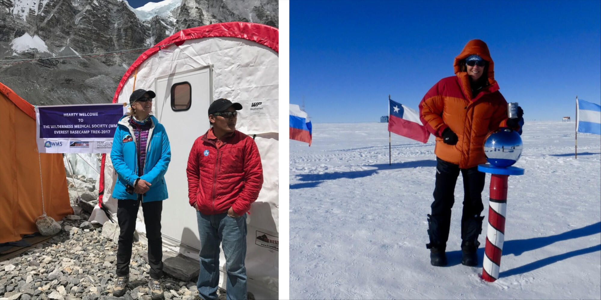 On the left is a photo of a woman and a man standing outside of a tend at the side of a mountain. ON the right is a photo of a woman at a red and white striped pole in the snow. Behind her are flags for different countries. 