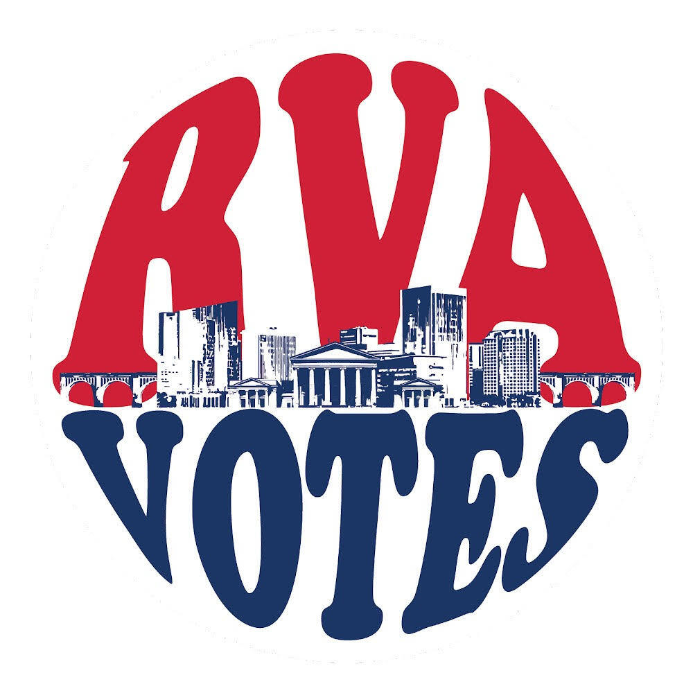 Red and blue text form a circle around a blue and white illustration of Richmond's skyline. The red text reads \"RVA\" and the blue text reads \"VOTES.\" 