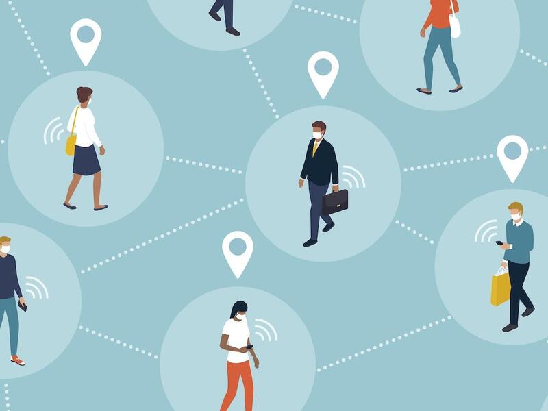 Drawing of an interconnected web of people wearing face masks. Wireless signals emanate from mobile devices.