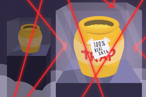 Illustration of a honeypot on a pedestal, guarded by laser beams.