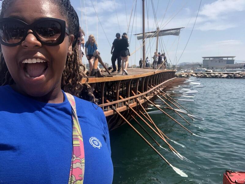 Imani Thaniel prepares to set sail on an ancient Greek warship during her study abroad experience. (Courtesy of Imani Thaniel)