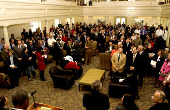 A crowd of about 200, representing both the Monroe Park and MCV campuses of VCU, celebrated the grand reopening of the historic Hunton Student Center.