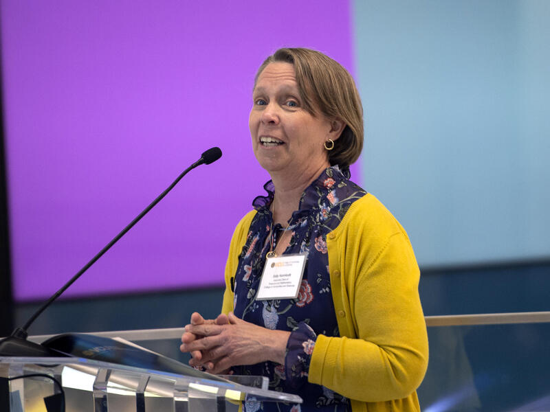 Sally Hunnicutt, who retired in September, speaks at the opening of the STEM Building in 2023. Hunnicutt played a role in the building’s conception and development. (Kevin Morley, Enterprise Marketing and Communications)