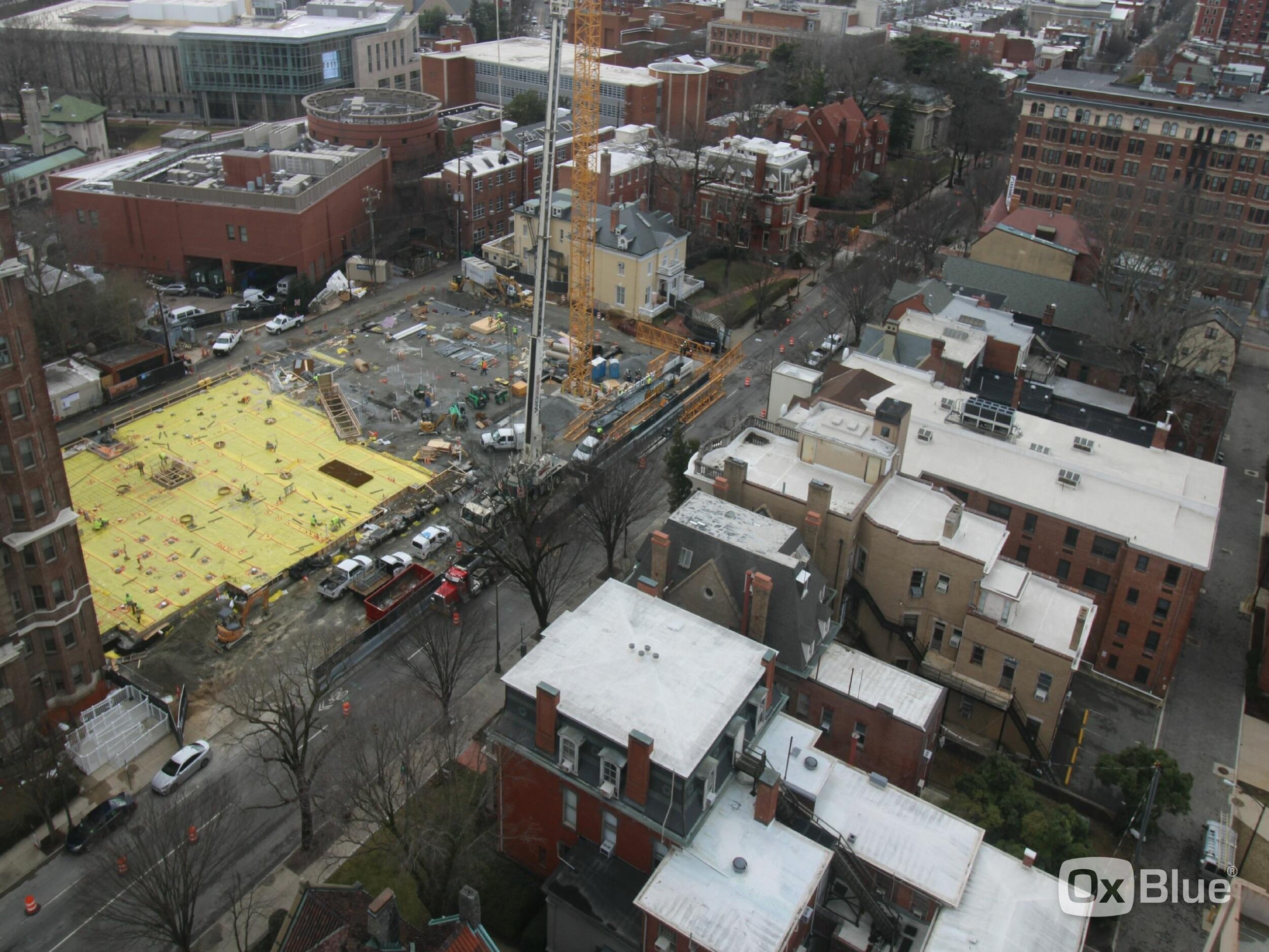 An aerial photo of V C U's Monroe Park Campus including the footprint for the new STEM building.