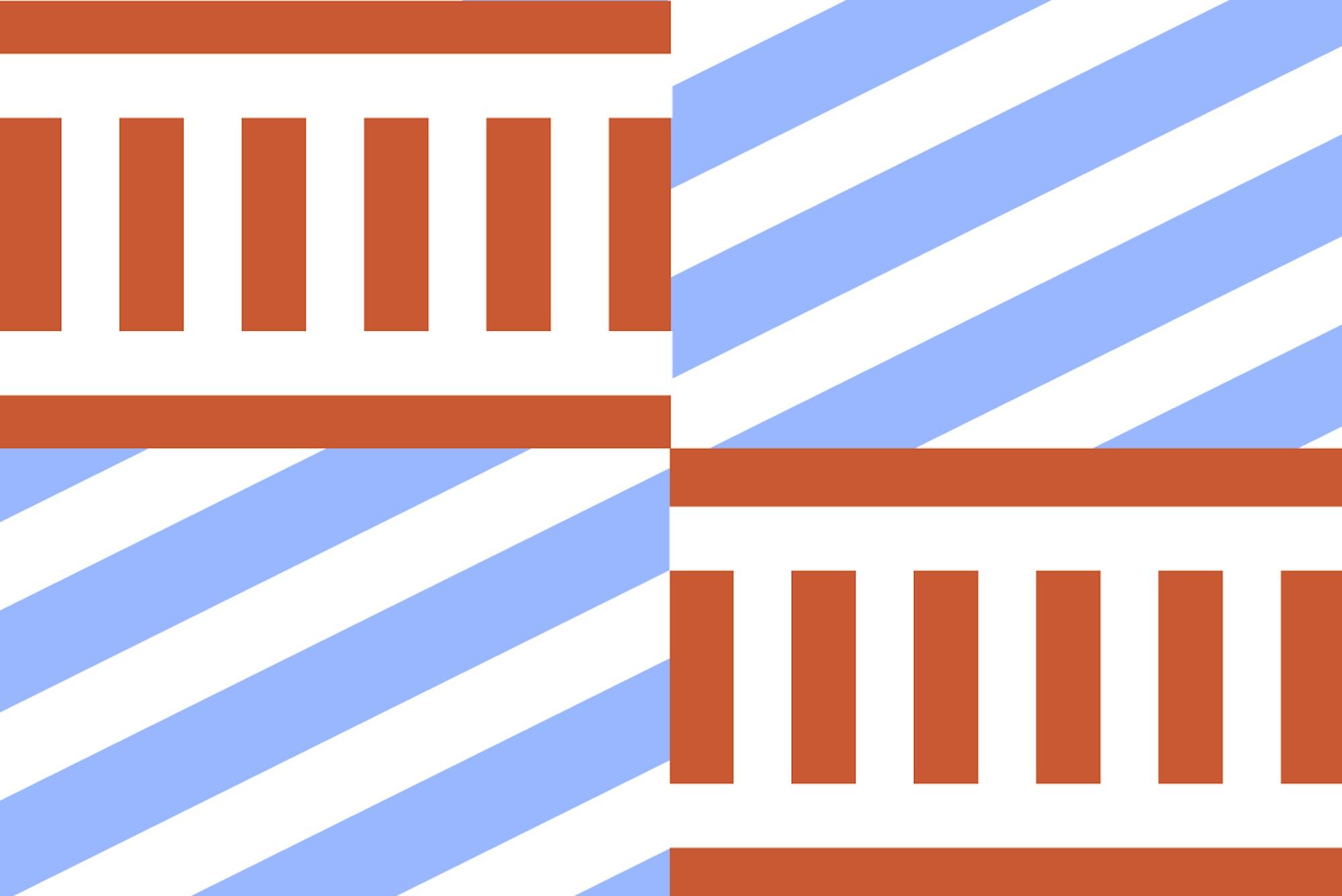 Blue diagonal stripes in the bottom left and upper right corners and red vertical stripes in the upper left and bottom right corners.
