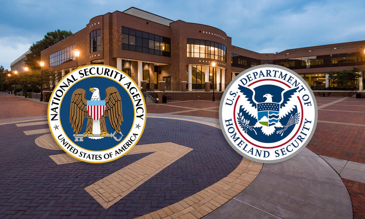 Logos of the National Security Agency and the U.S. Department of Homeland Security overlaying a photo of VCU's Student Commons.
