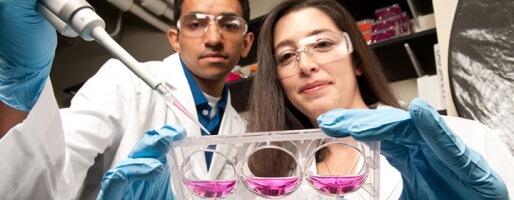 Rebecca Heise works with Sagar Patel, a biomedical engineering graduate student.
Photo by Doug Buerlein 