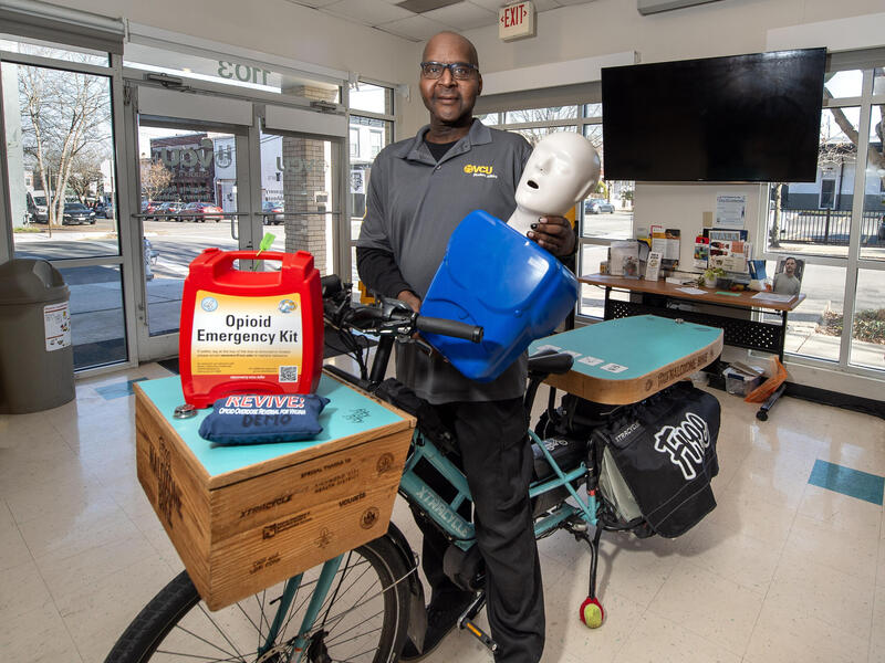 VCU student Danielle Beale, a certified peer recovery specialist, has worked to bring VCU Rams in Recovery services, such as the free naloxone bike, to area community colleges. (Kevin Morley, Enterprise Marketing and Communications)