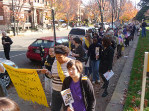 The centennial celebration of the founding of the Equal Suffrage League of Virginia included a march along West Franklin Street. Photos by Mike Porter, VCU Communications and Public Relations.
