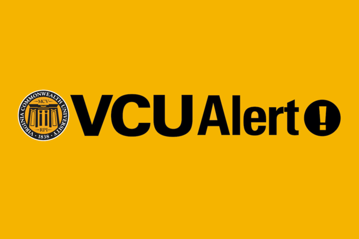 Black text over a yellow background that read \"VCUAlert.\" To the right of th text is a black circle with a yellow exclamation mark in it. 