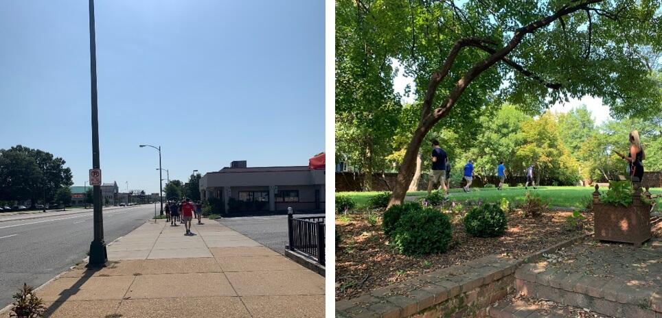 On the right is an image of a sidewalk and road. On the left is an image of a park with trees and grass. 