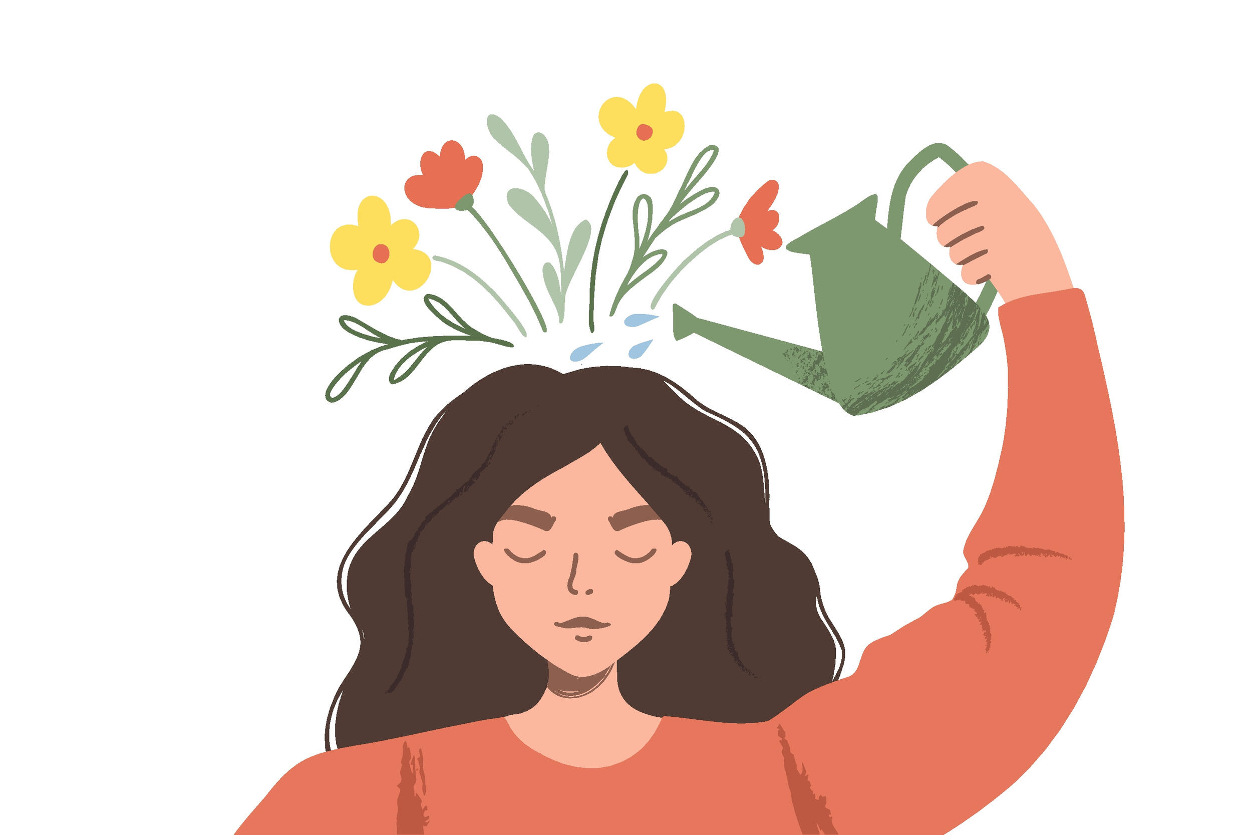 An illustration of a woman pouring a watering can on her head. There are flowers from growing out the top of her head. 