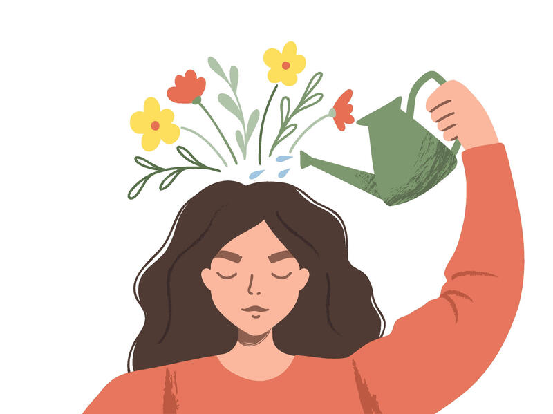 An illustration of a woman pouring a watering can on her head. There are flowers from growing out the top of her head. 