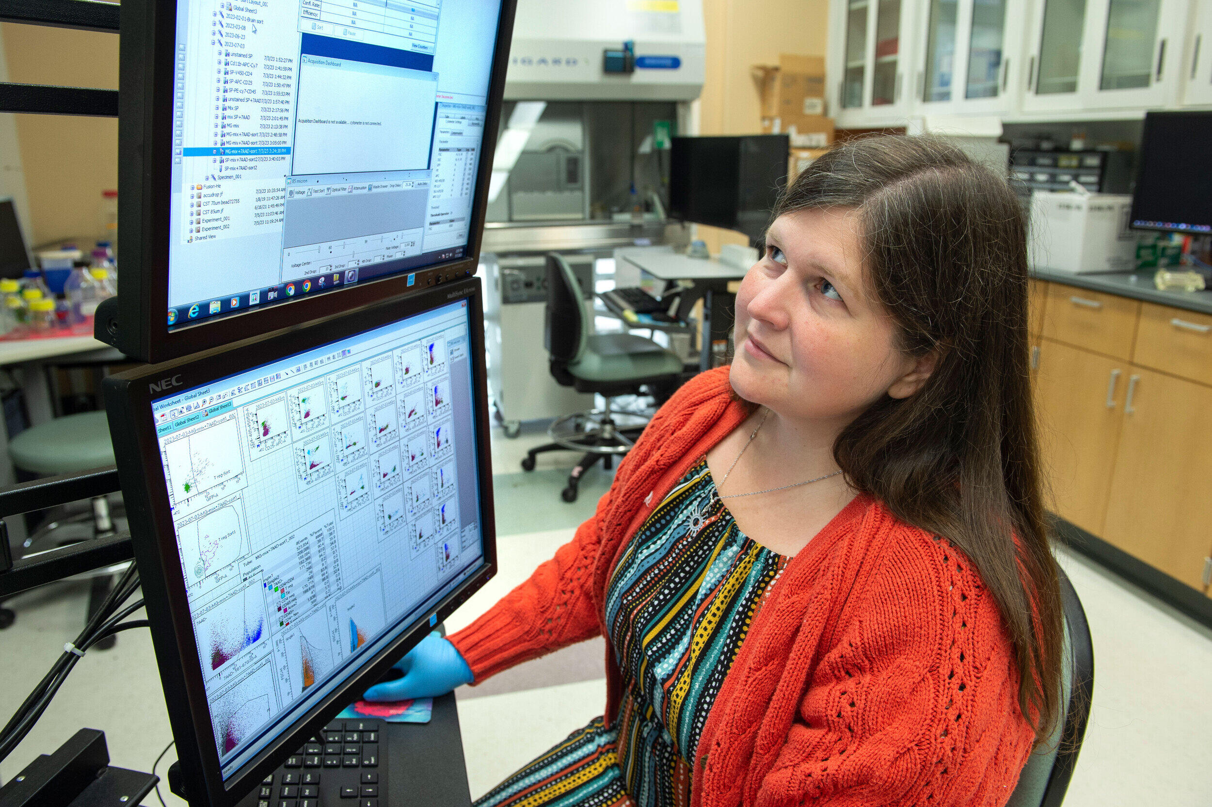 Rebecca Martin, Ph.D., a professor in the School of Medicine, observes a computer monitor in a VCU lab.