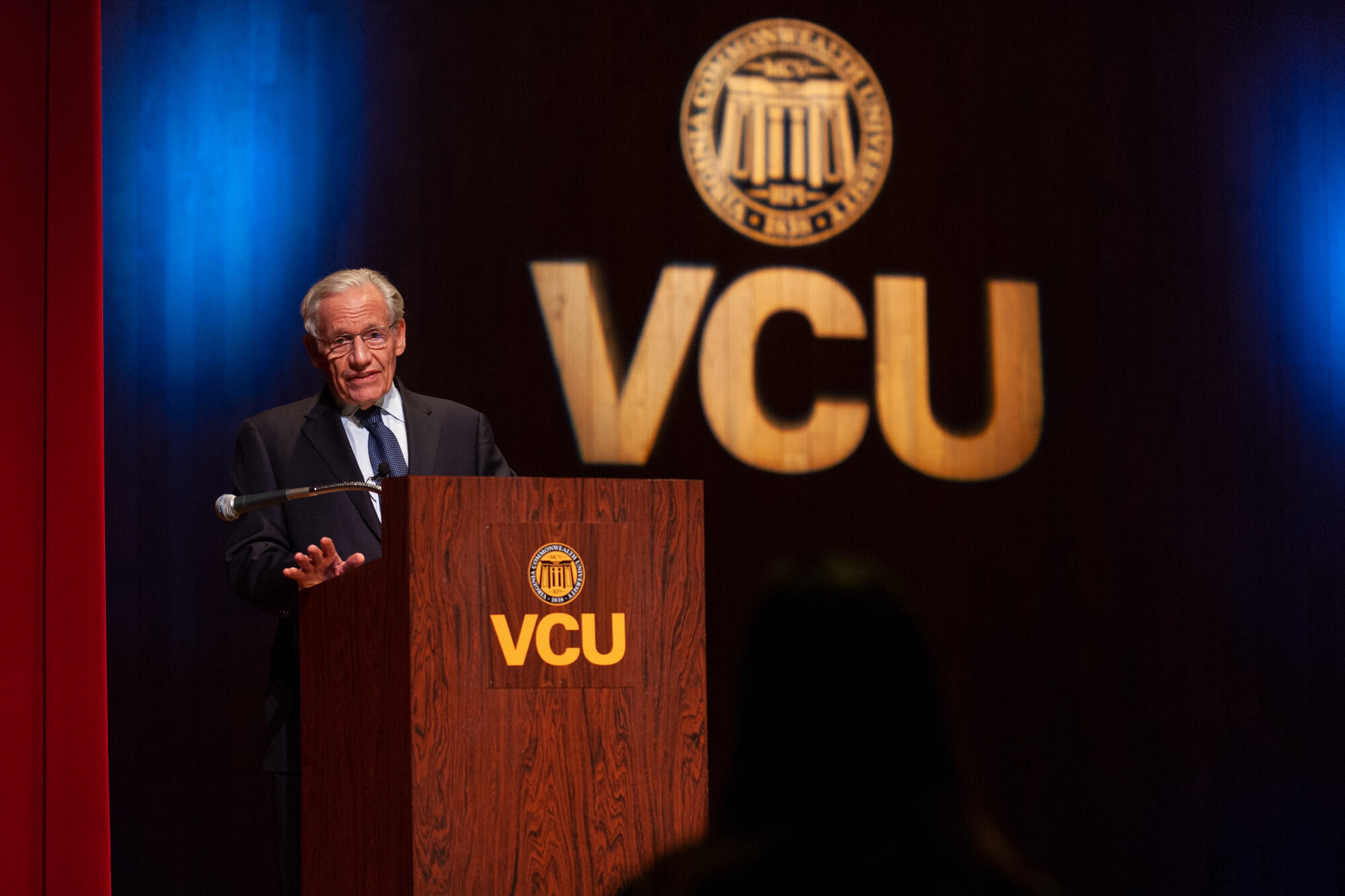 Woodward, whose books famously rely on anonymous or deep background sources, defended the use of unnamed sources in journalism. “I think we need more. Not off the record, we need deep background or background sources,” he said. “Because then you can get the truth. Too many lies on the record.” (Photo by Kevin Morley, University Relations)