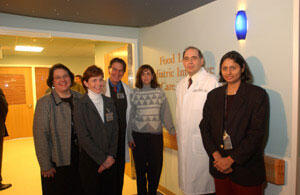 Pediatric critical care providers. Pictured, from left: Lauren Goodloe, Ph.D., R.N., director, medical & pediatric nursing, Mary Walker, R.N., nurse manager, Joseph H. Laver, M.D., chair, pediatrics, Monica Relvas.M.D., pediatric intensivist, Dr. John J. Mickell, chair, pediatric intensive care division, Sue Sreedhar, M.D., pediatric intensivist. During the construction phase Walker, in particular, worked closely with architects for the new space to ensure the new design would accommodate PICU staff and patients."

Photos by Allen T. Jones, Creative Services