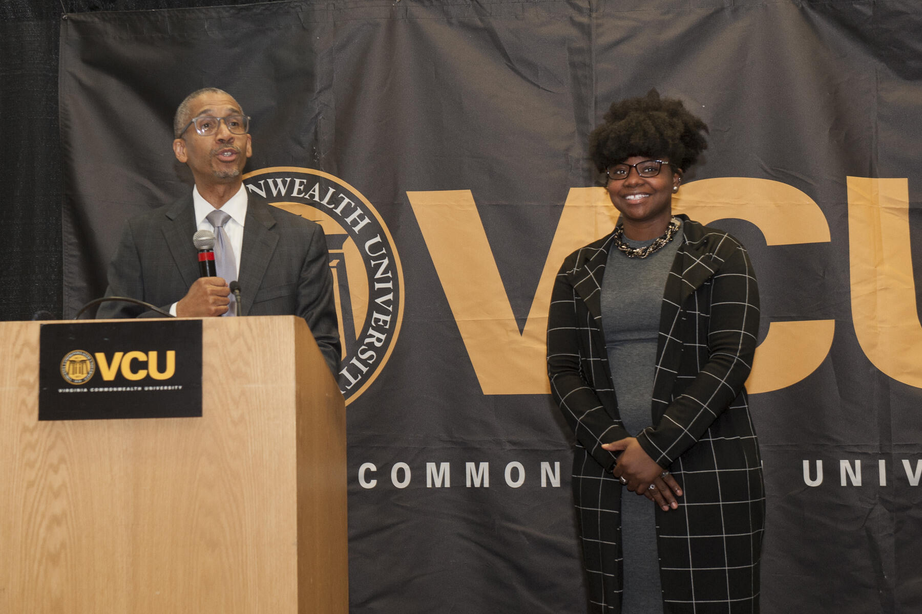 Kevin Allison, Ph.D., senior executive director of strategy and presidential administration at VCU, with Nauje Jones, the first VCU student to receive a Newman Civic Fellowship.