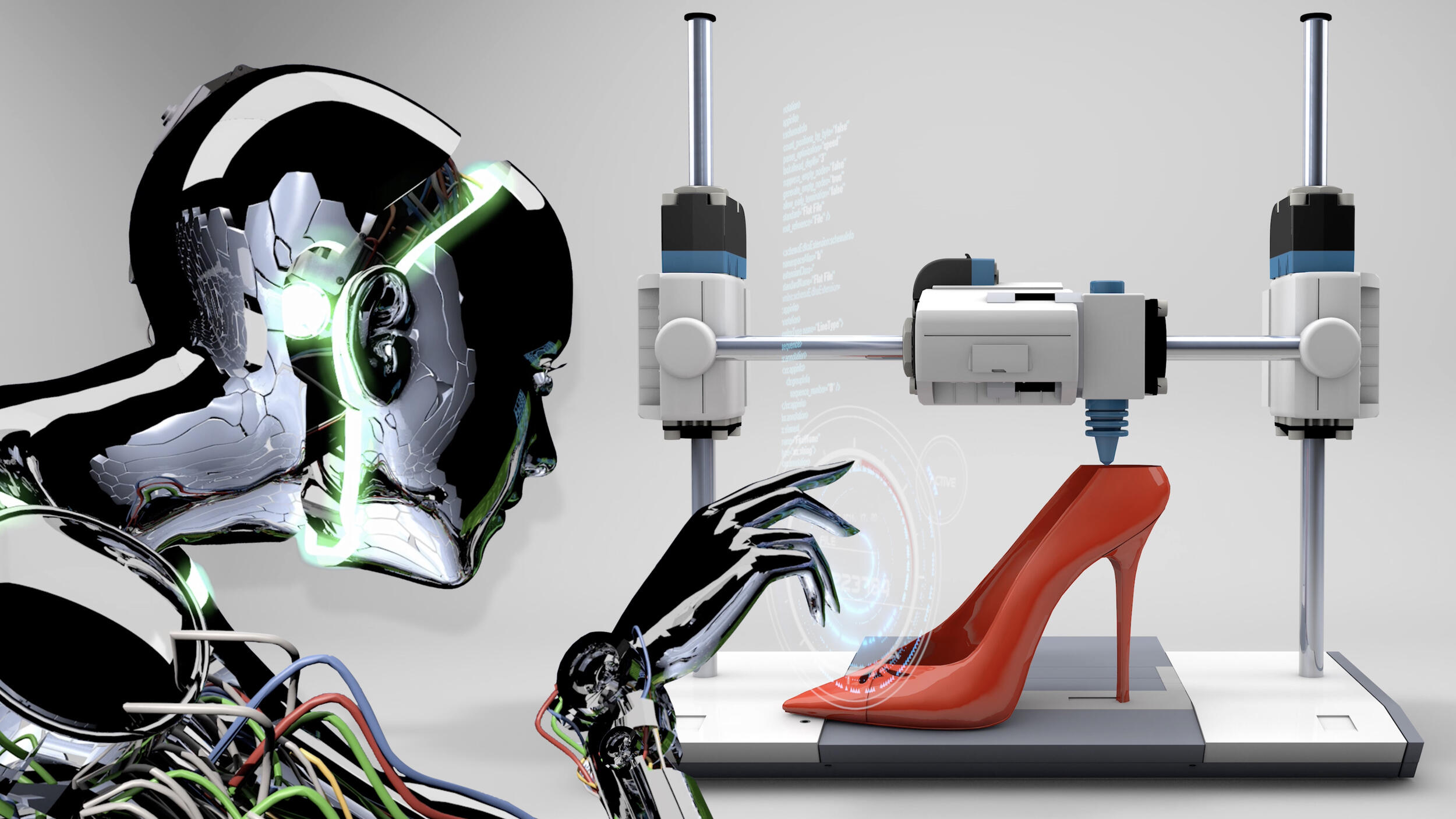 A photo of a robot woman looking at a red high heel shoes that is being 3D printed. 
