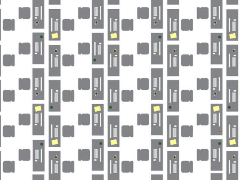 Graphic of open office showing desks and chairs.