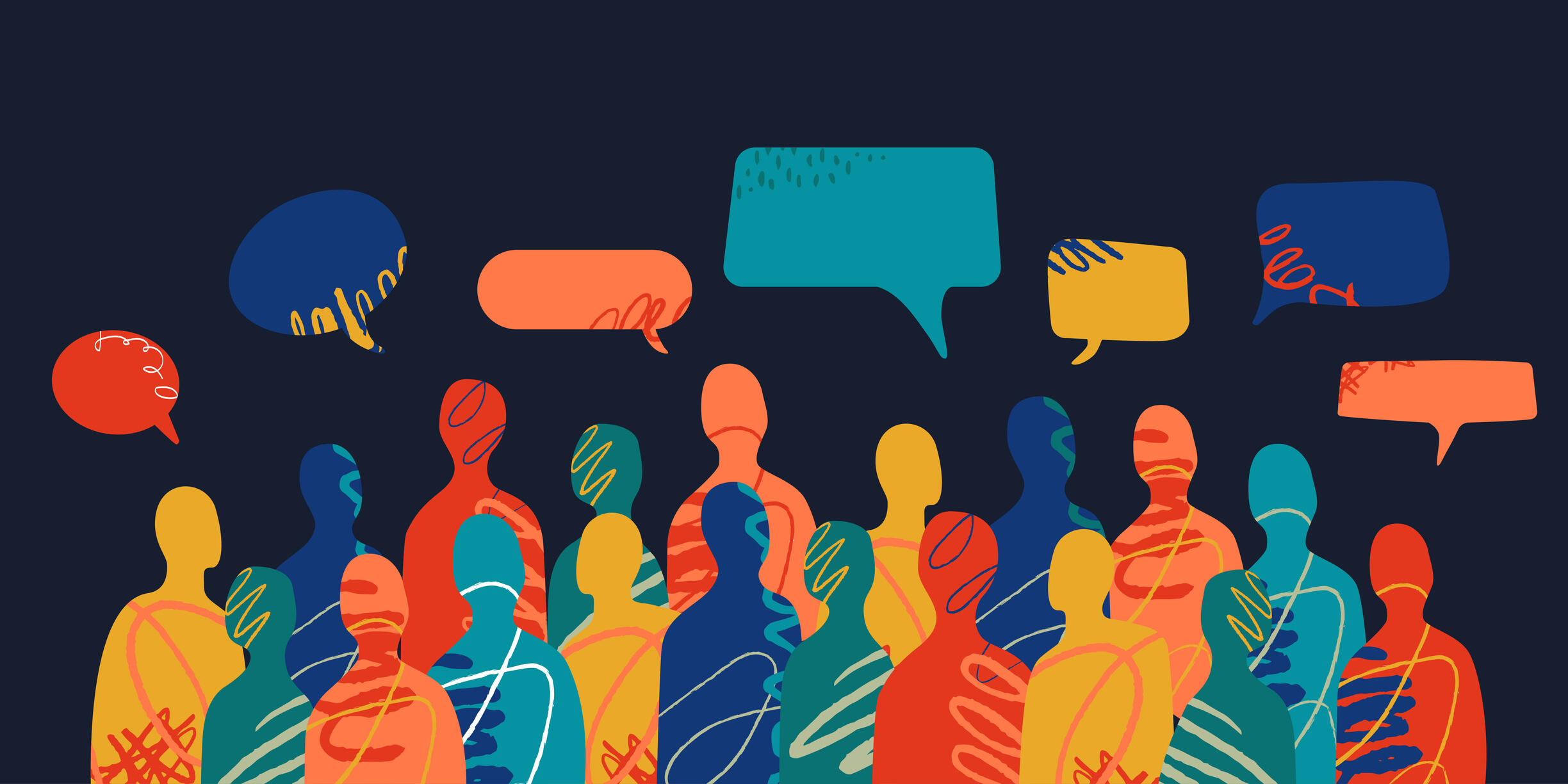 An illustration of the shilloettes of differnt colored people with different colored speech bubbles above them.