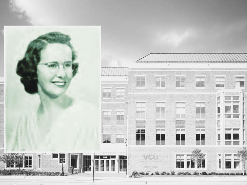 A portrait of Daniel Faber on top of a photo of a building 