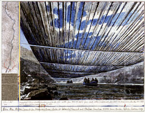 Christo: Over the River, Project for the Arkansas River, State of Colorado
Collage 2006: 43,2 x 55,9 cm (17” x 22”)
Pencil, enamel paint, wax crayon, photograph by Wolfgang Volz, topographic map, fabric sample and tape.
Photo: Wolfgang Volz   Copyright CHRISTO 2006