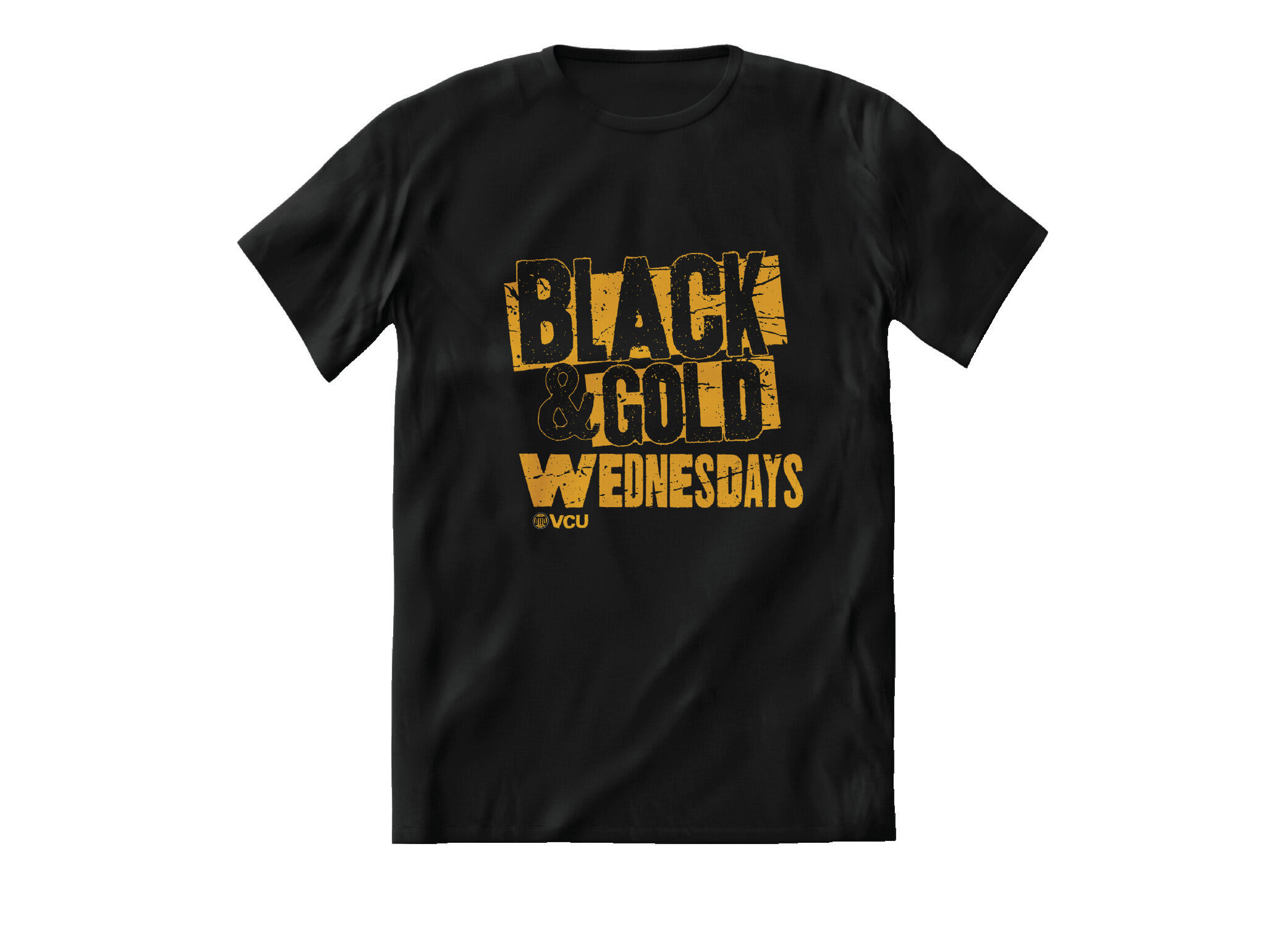 A black t-shirt with black text with yellow outlines and yellow text that reads \"BLACK & GOLD WEDNESDAYS VCU\"