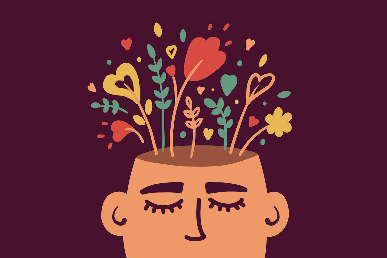Drawing of a person with flowers and plants growing out of their head.