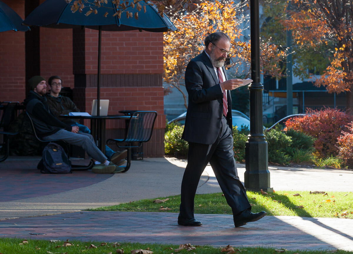 "Homeland" star Mandy Patinkin films a scene for season seven in front of the Shafer Court Dining Center.