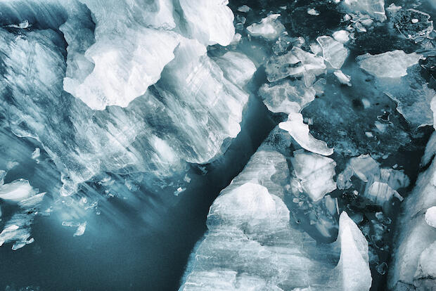 A drone image of icebergs broken off from a glacier at Vatnajökull, Iceland. 