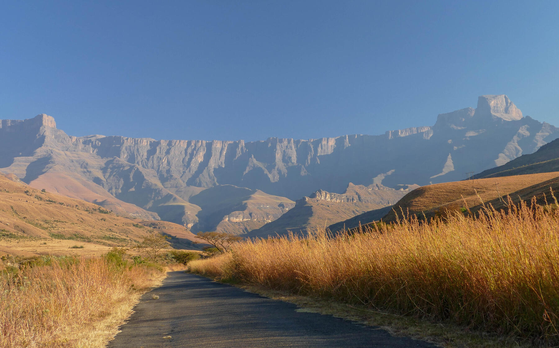 A view of the Amphitheatre of the Drakensberg Mountains from the road into Royal Natal National Park in South Africa. Photo by James Vonesh.